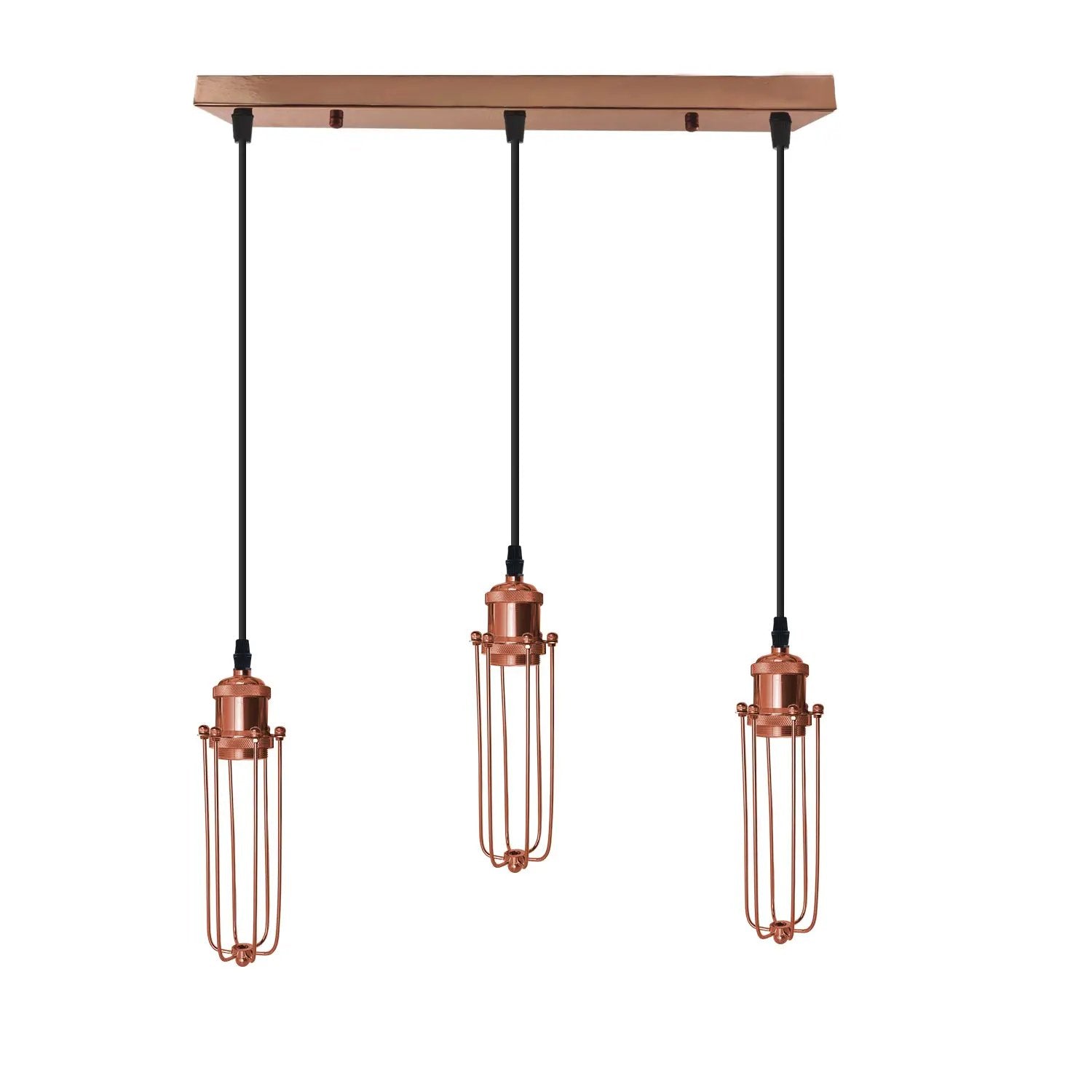 LEDSONE 3 Head Rectangle Rose Gold Ceiling E27 Pendant Light with Wire Cage, Industrial Vintage Hanging Lamp Fixture - Pendant Lights
