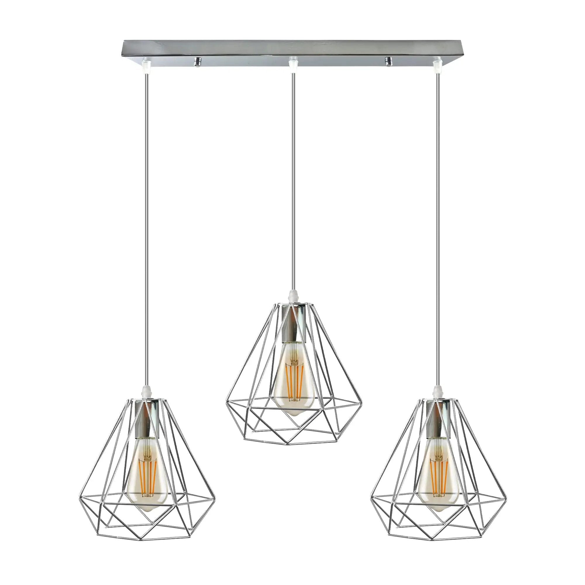 LEDSONE 3 Head Rectangle Base Chrome Vintage Metal 20cm Diamond Wire Cage E27 Base Ceiling Pendant Light - Pendant Lights