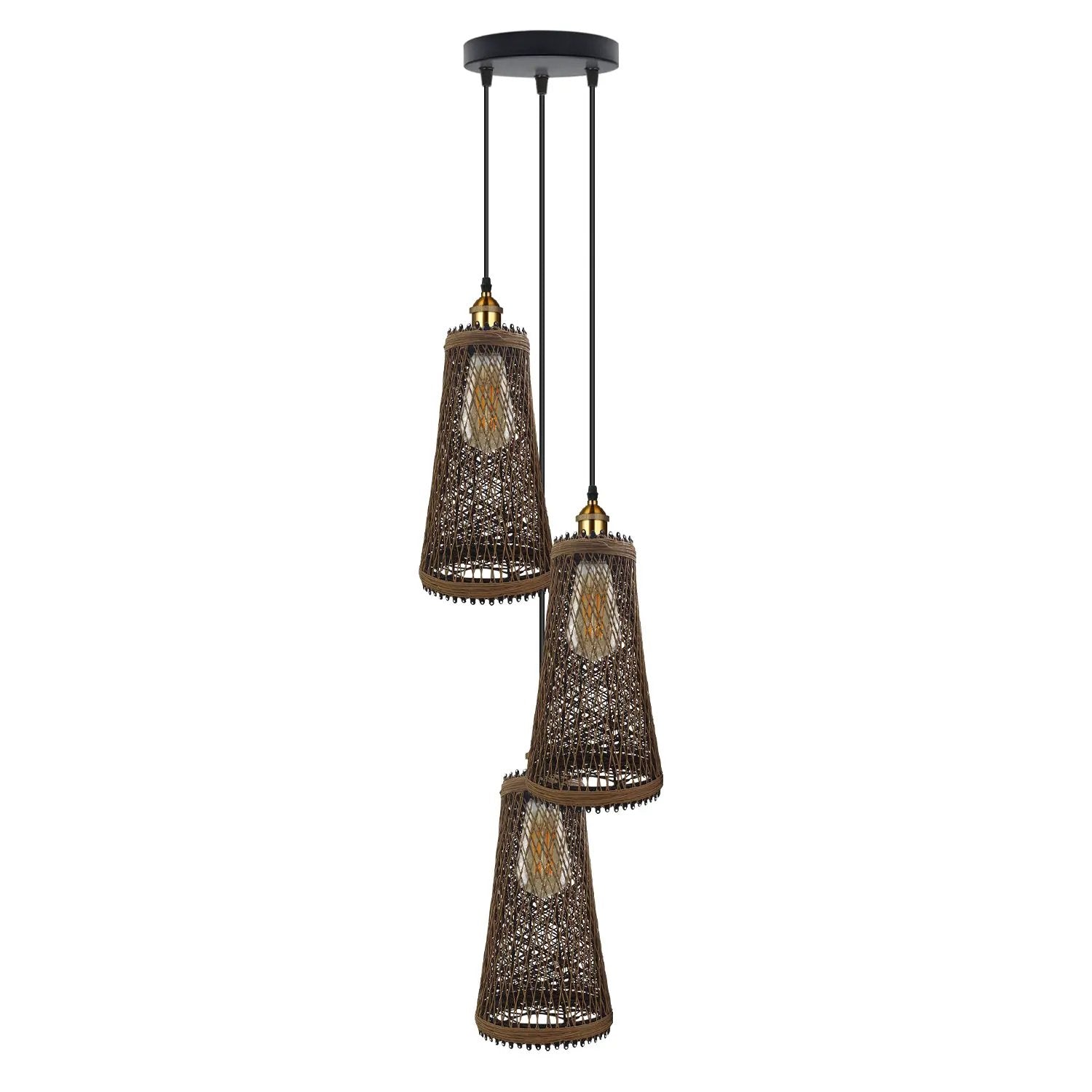 LEDSONE 3 Head Natural Wicker Basket Style Retro Industrial Vintage Rattan Ceiling Pendant - Pendant Lights