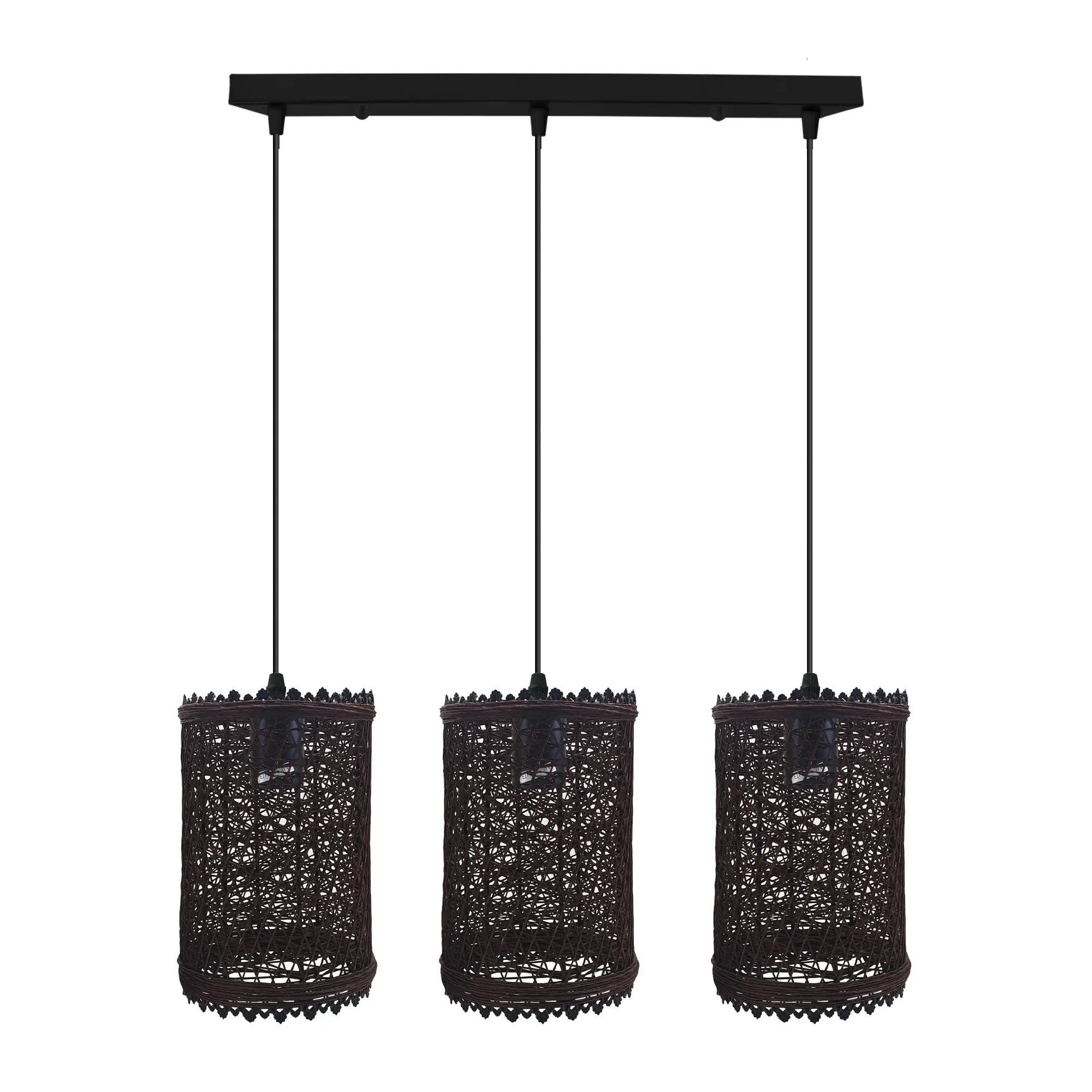 LEDSONE 3 Head Rectangle Base Natural Wicker Rattan Ceiling Pendant Light Shade - Pendant Lights