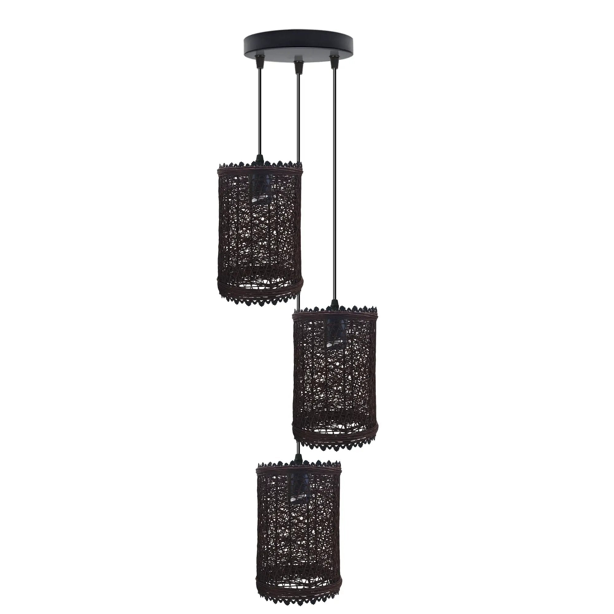 LEDSONE 3 Head Round Base Natural Wicker Rattan Ceiling Pendant Light Shade - Pendant Lights