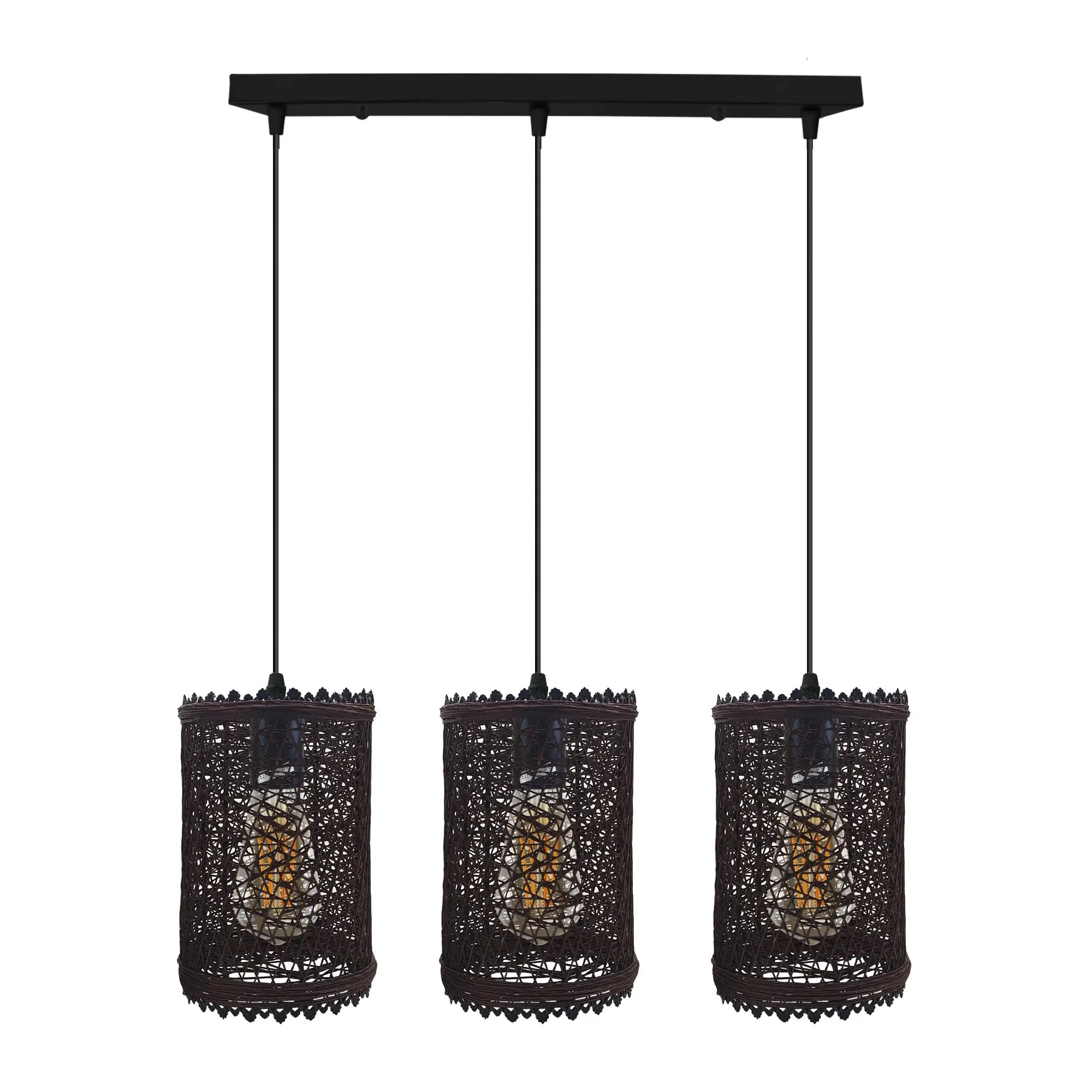 LEDSONE 3 Head Rectangle Base Natural Wicker Rattan Ceiling Pendant Light Shade - Pendant Lights