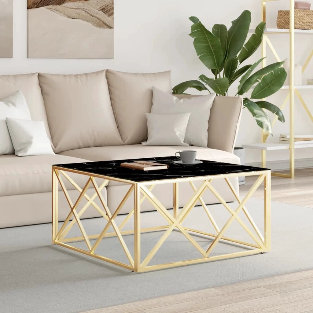 vidaXL Coffee Table 80x80x40 cm Gold Stainless Steel Marble Pattern Glass Top Living Room by vidaXL