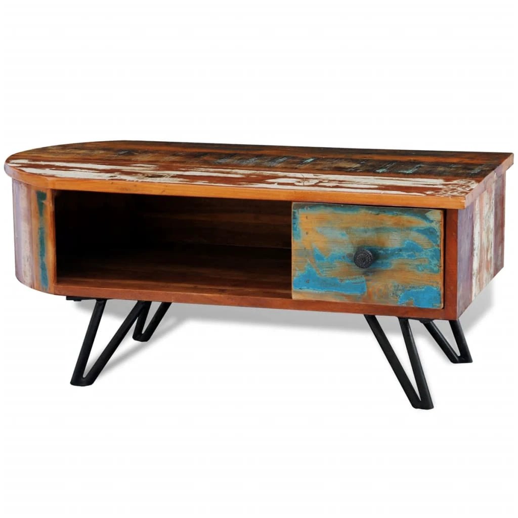 vidaXL vidaXL Coffee Table Solid Reclaimed Wood with Iron Pin Legs Drawer for Living Room - Coffee Table