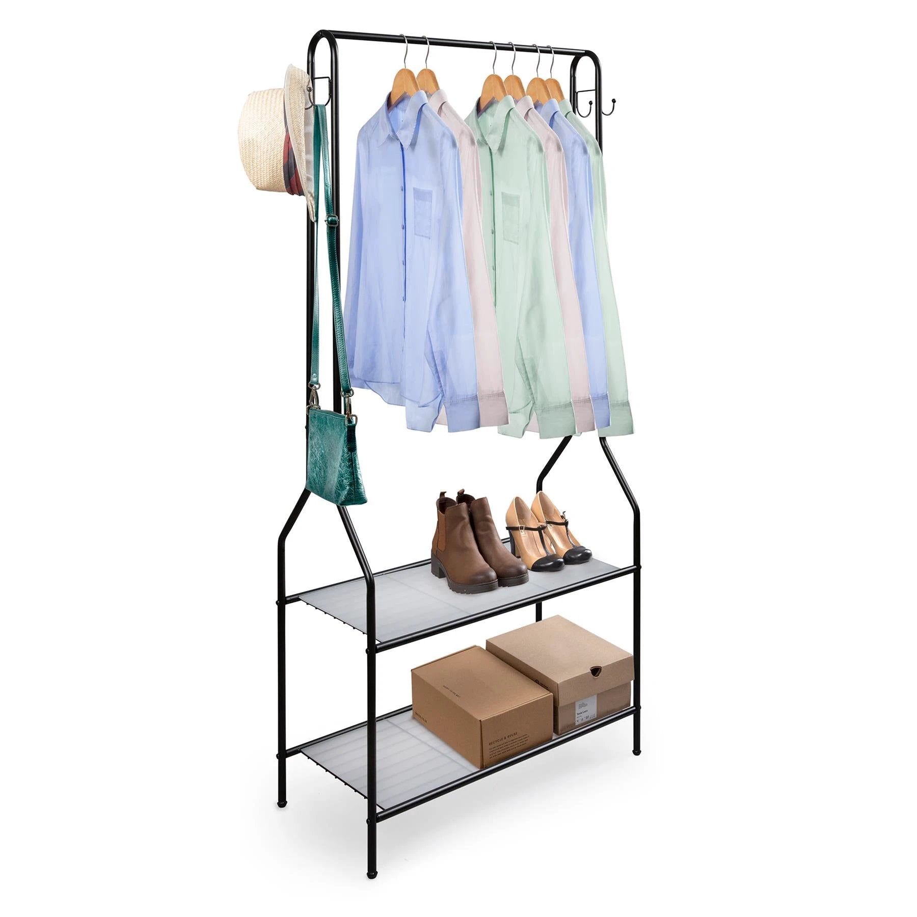 House of Home Sturdy Black Clothes Rail Two Shelves Powder Coated For Home - Wardrobe