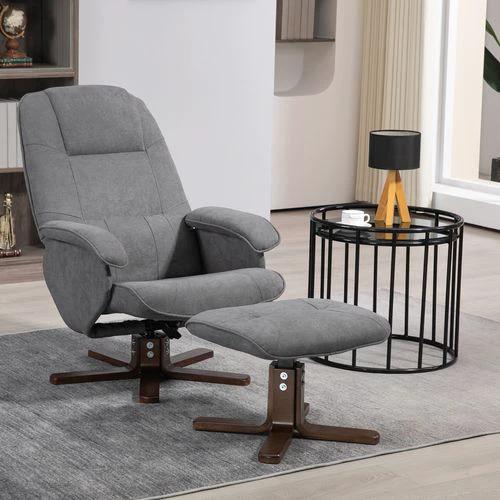 HOMCOM Swivel Recliner Chair and Footstool Linen-touch Fabric Wooden Base, Grey by HOMCOM