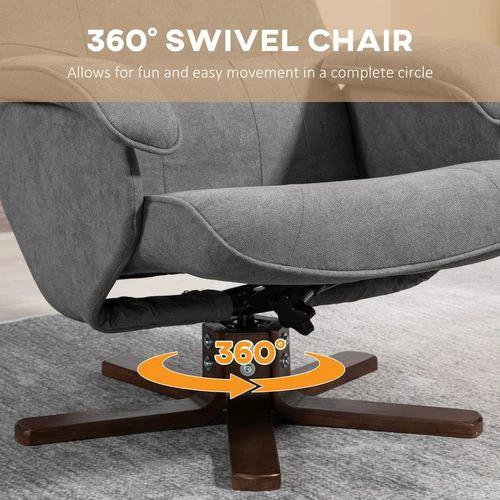 HOMCOM Swivel Recliner Chair and Footstool Linen-touch Fabric Wooden Base, Grey by HOMCOM