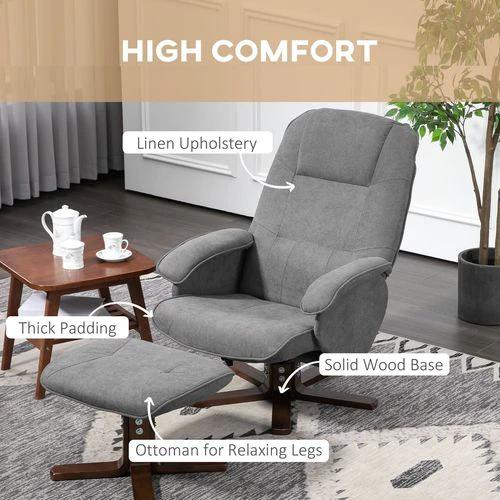 HOMCOM Swivel Recliner Chair and Footstool Linen-touch Fabric Wooden Base, Grey by HOMCOM