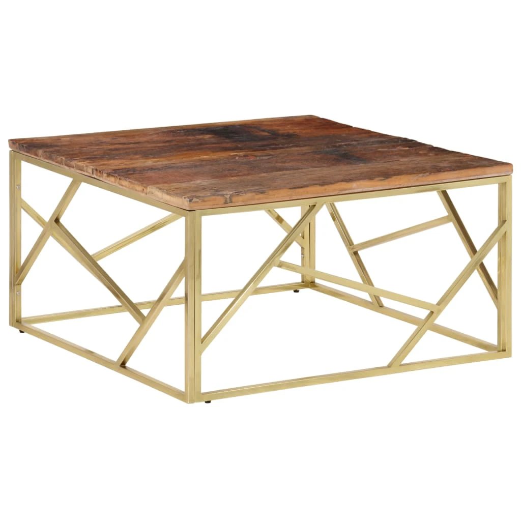 vidaXL VidaXL Coffee Table Standard Gold Stainless Steel Frame Solid Sleeper Wood Top For Living Room - Coffee Table