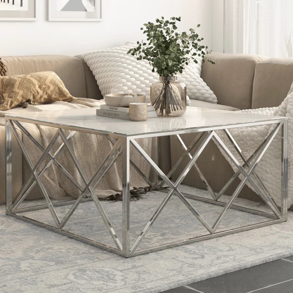 vidaXL VidaXL Coffee Table Silver Stainless Steel Tempered Glass Top Modern Centerpiece for Living Room - Coffee Table