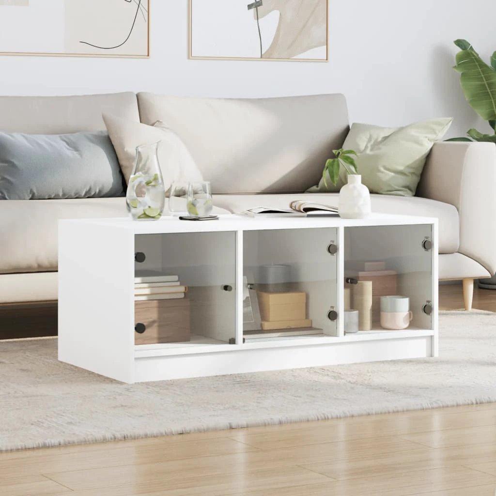 vidaXL VidaXL Coffee Table White Glass Doors 102x50x42 Cm Moisture Resistant Living Room Storage - Coffee Table