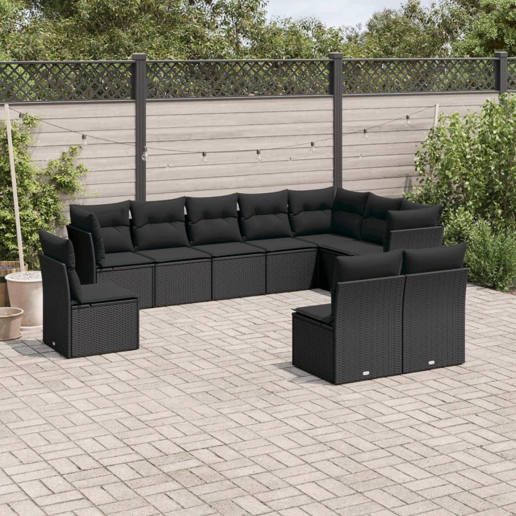 vidaXL vidaXL 10 Piece Garden Sofa Set with Cushions Black Poly Rattan - Garden Sofa Sets