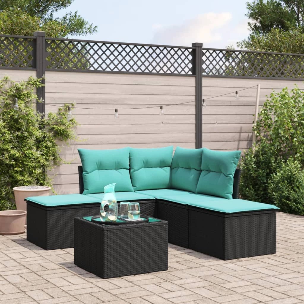 vidaXL 5 Piece Garden Sofa Set with Cushions Black Poly Rattan by vidaXL