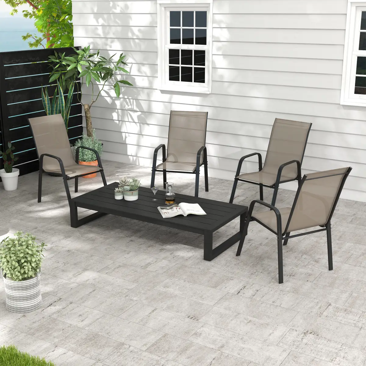 Outsunny Outsunny Set of 4 Garden Dining Chair Set Outdoor w/ High Back Armrest Grey - Garden Chairs