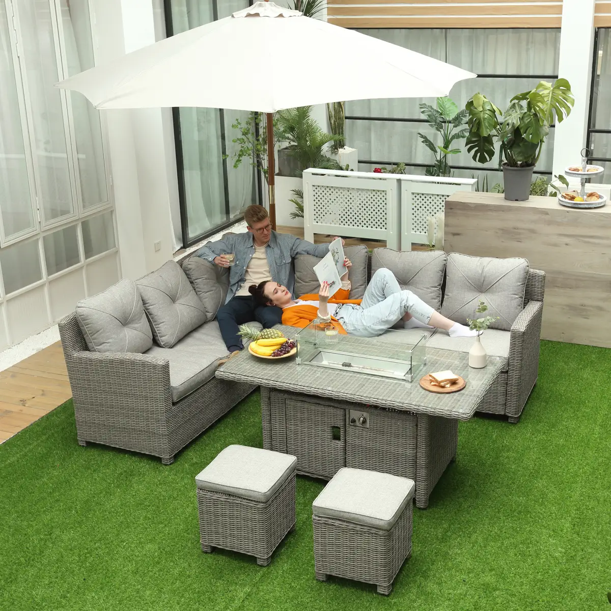 Outsunny Outsunny 5 PCs Outdoor PE Rattan L-Shape Sofa Footstool Fire Pit Table Set - Garden Sofa Sets