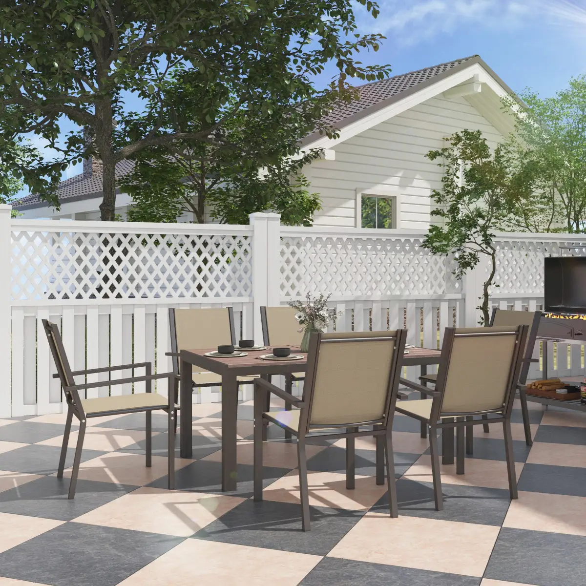 Outsunny Outsunny 7 PCs Garden Dining Set, Wood-plastic Composite Table & 6 Chairs, Khaki - Garden Set