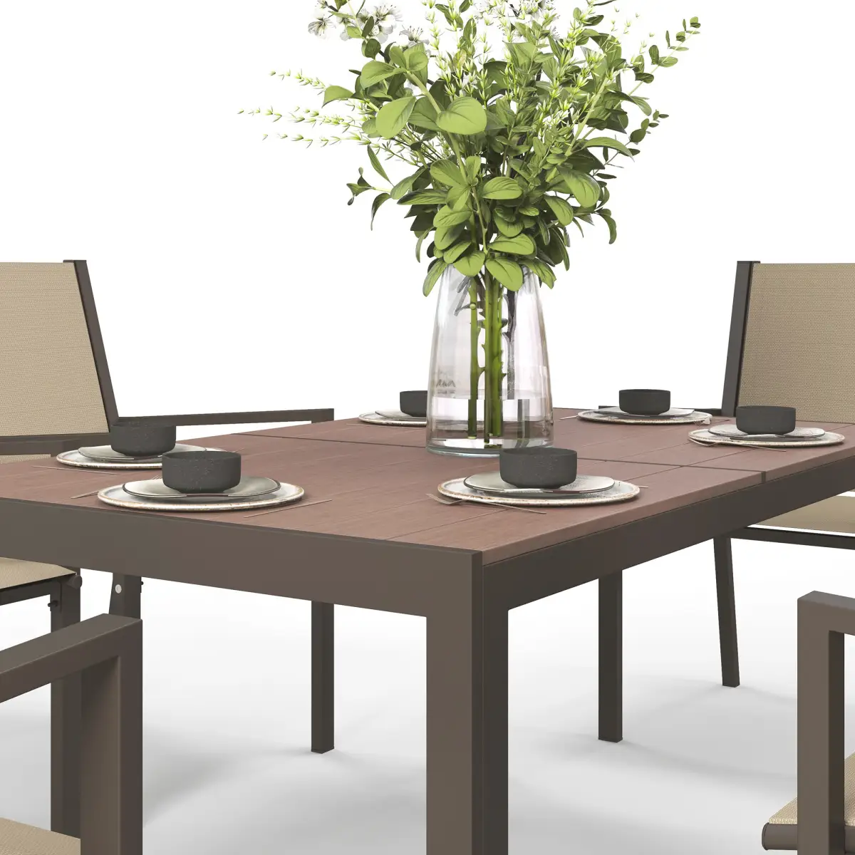 Outsunny Outsunny 7 PCs Garden Dining Set, Wood-plastic Composite Table & 6 Chairs, Khaki - Garden Set