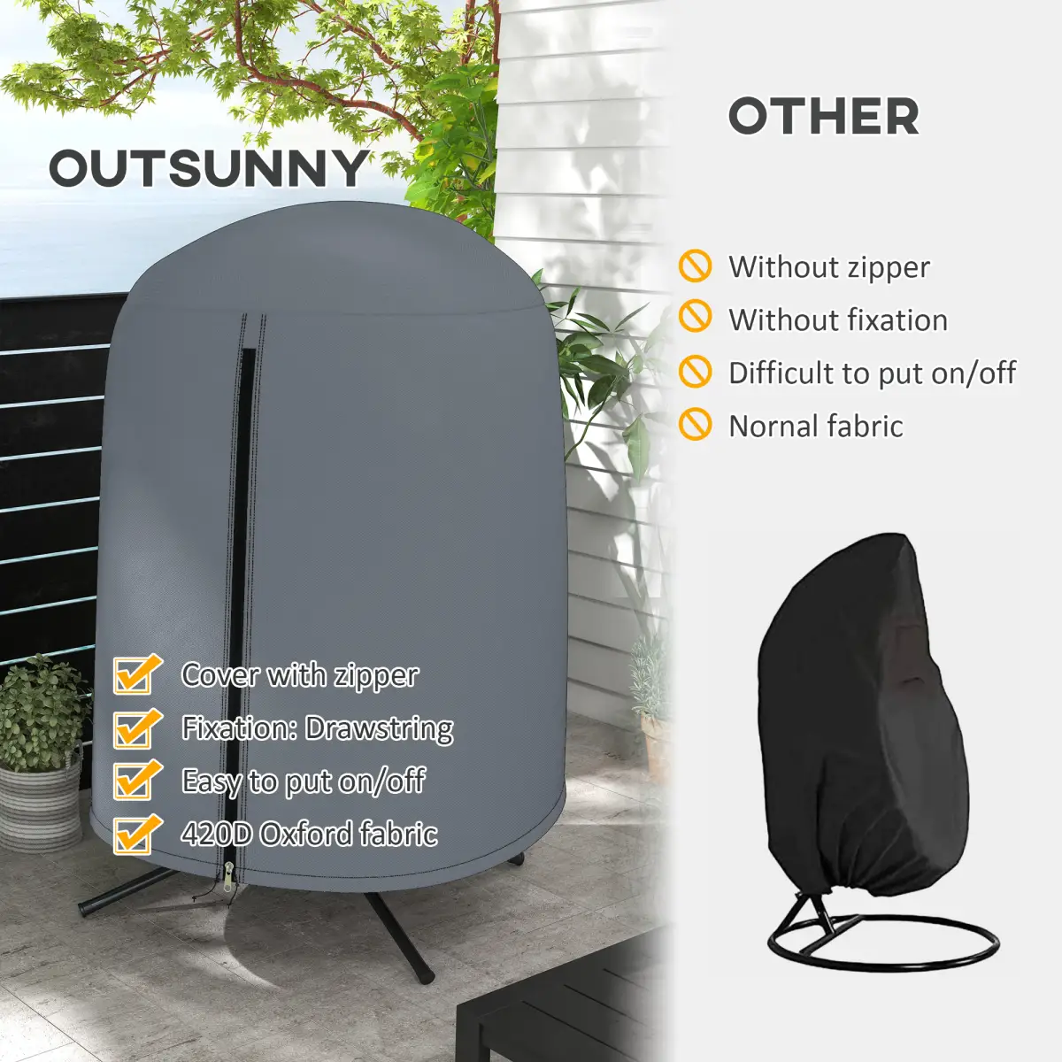 Outsunny Outsunny Hanging Egg Chair Cover Garden Swing Chair Cover Waterproof, Black - Cover
