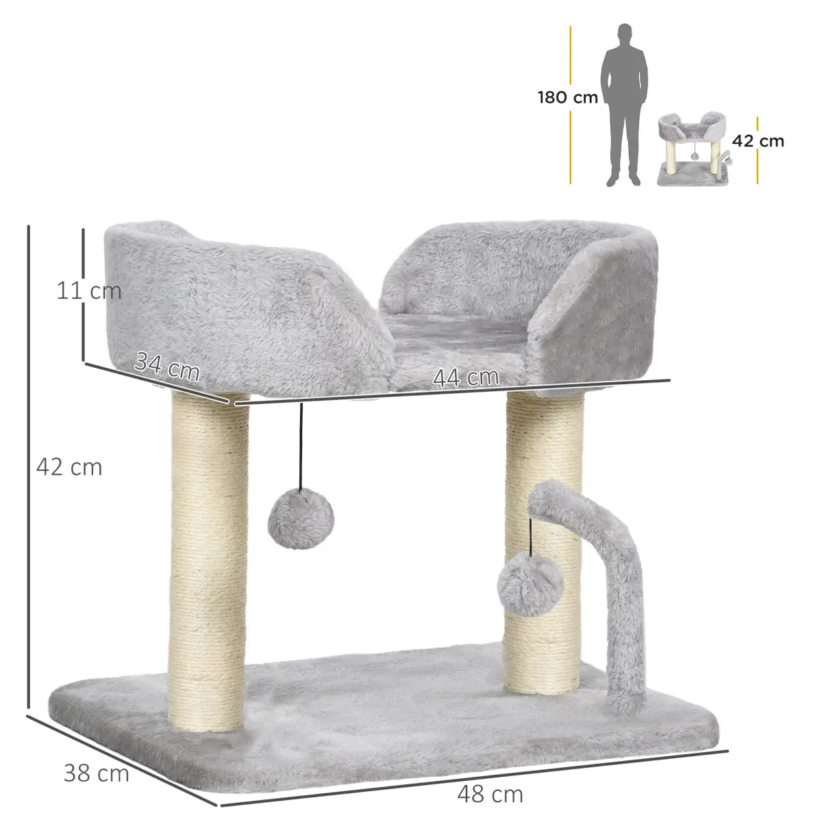 PawHut PawHut 42cm Indoor Cat Tree, Kitty Play Tower w/ Toy Balls Sisal Scratching Post - Cat Tree