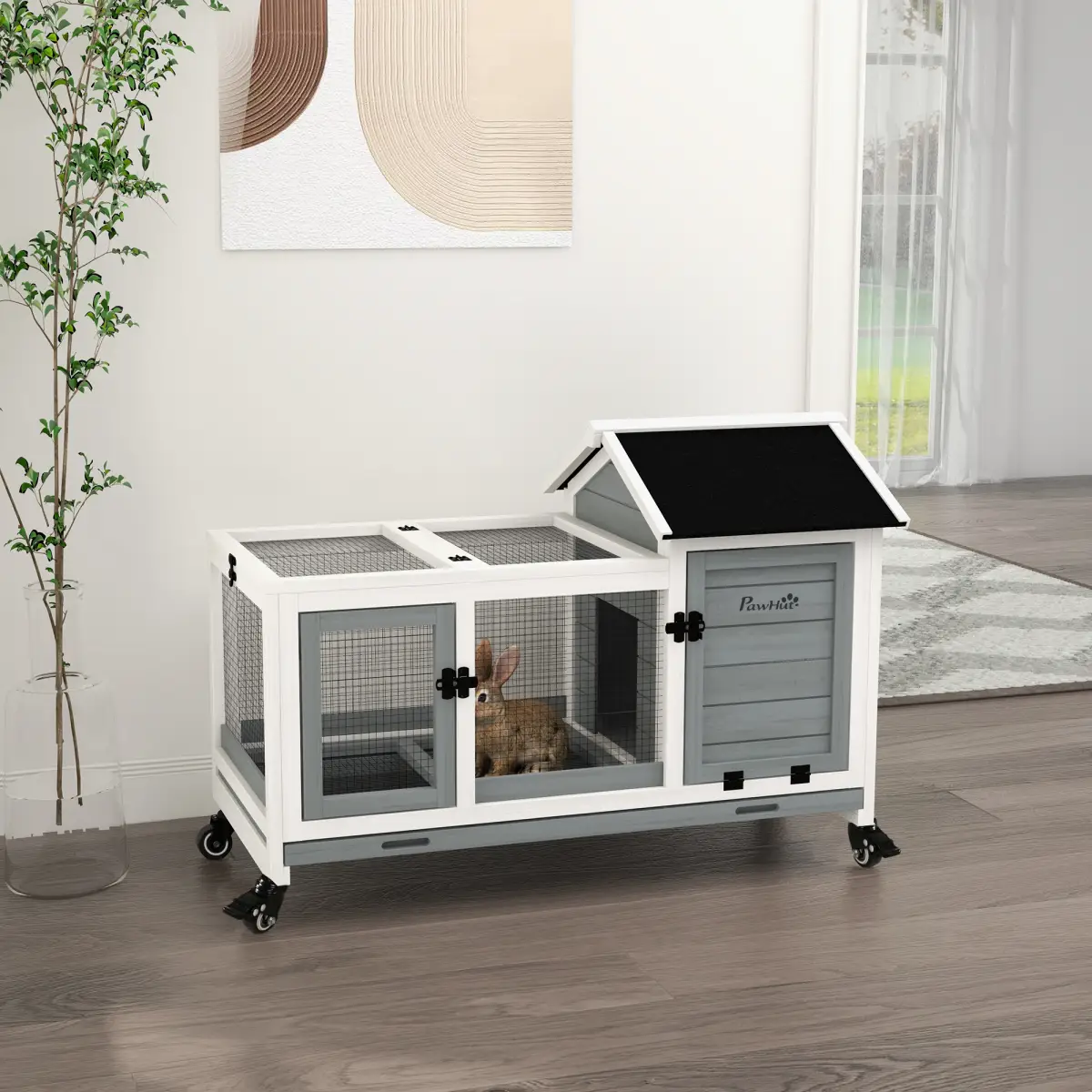 PawHut PawHut Wooden Rabbit Hutch, Small Animal House w/ Wheels, Removable Tray - Grey - Rabbit Hutch