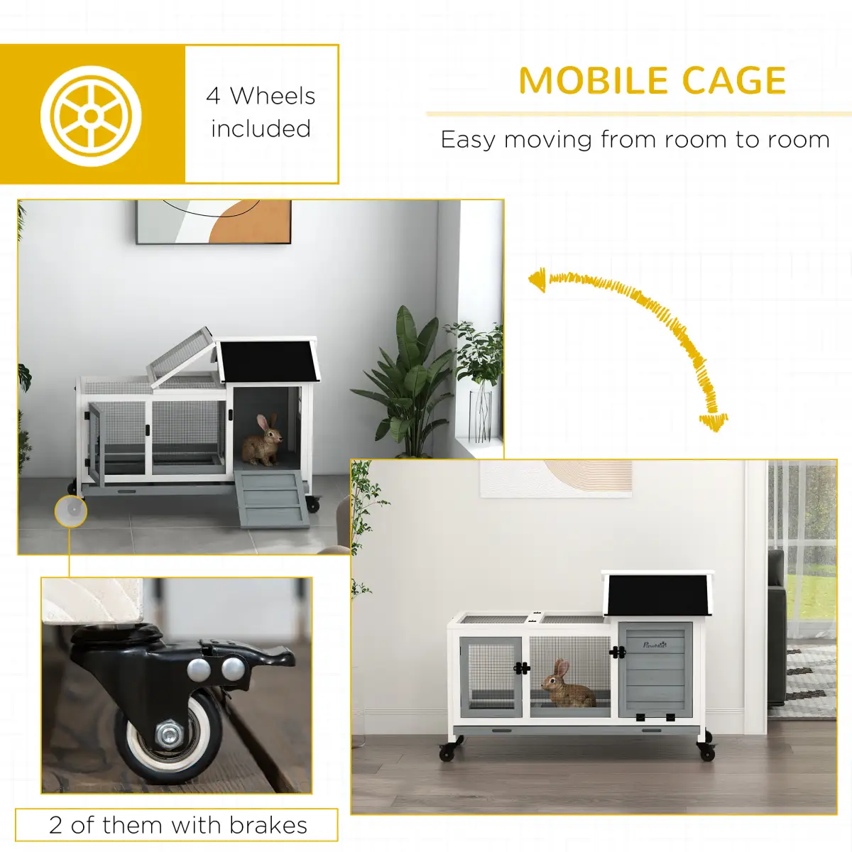 PawHut PawHut Wooden Rabbit Hutch, Small Animal House w/ Wheels, Removable Tray - Grey - Rabbit Hutch