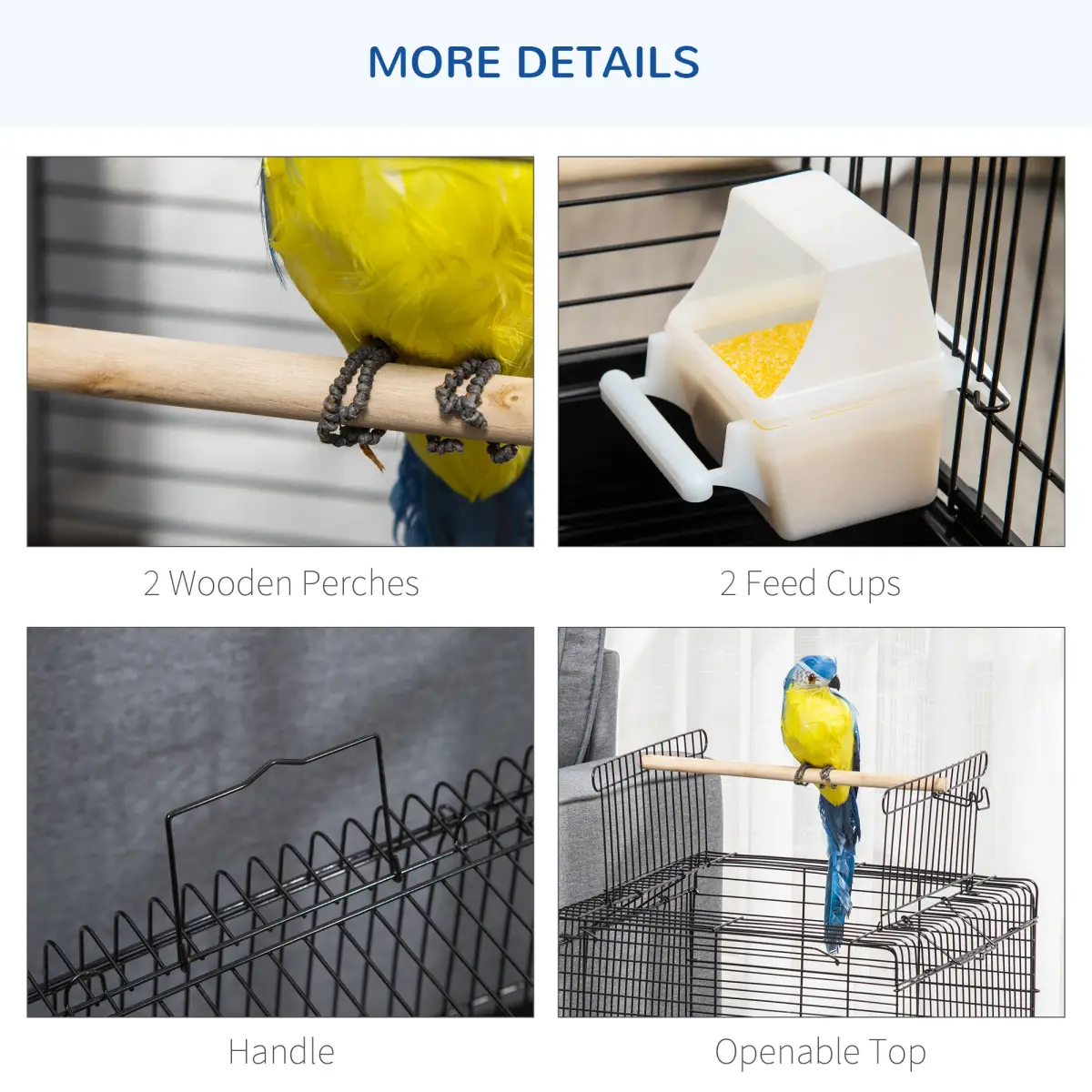 PawHut PawHut 59cm Bird Cage with Openable Top, Stand, Tray, Handles, Feeding Bowls - Pet Cage