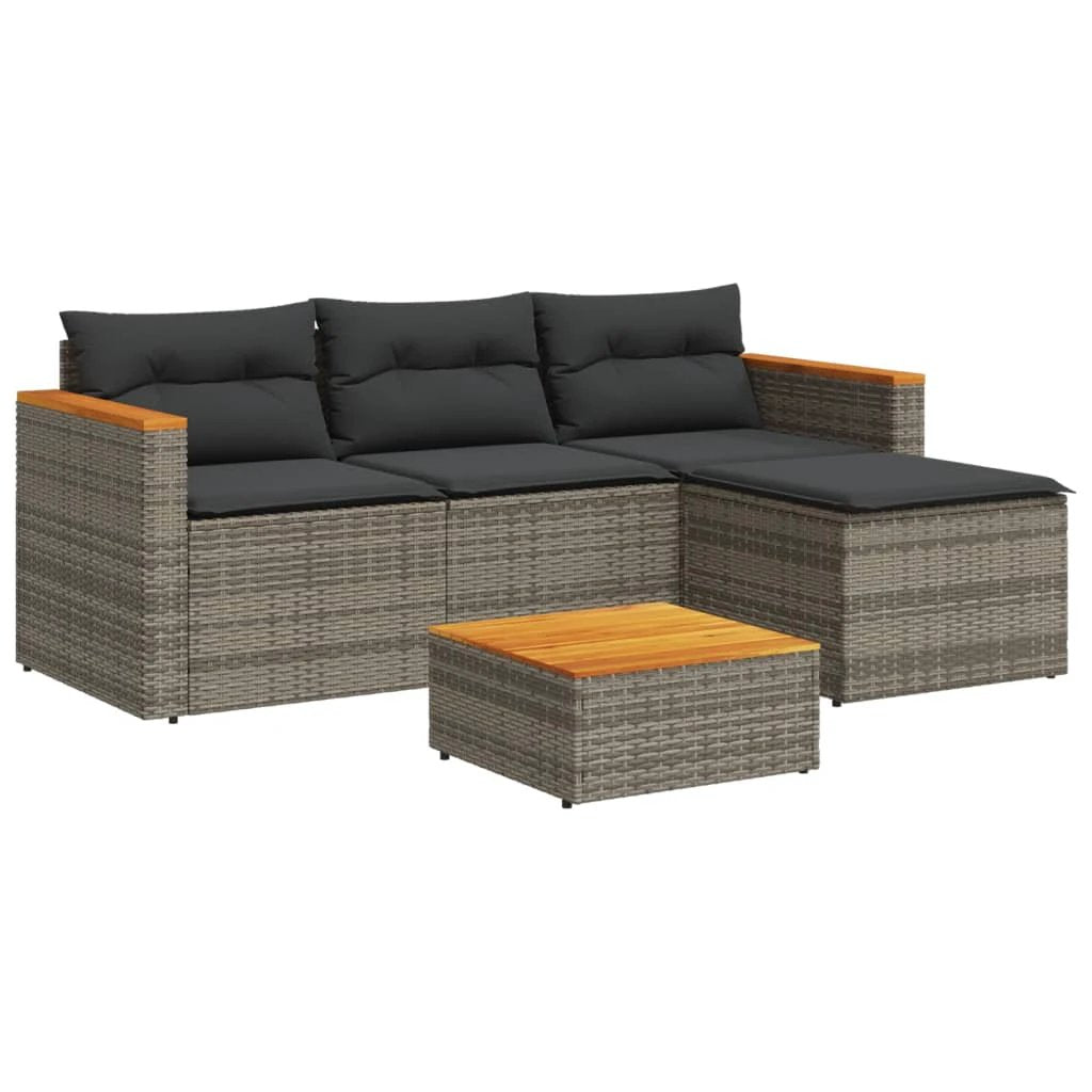 vidaXL 5 Piece Garden Sofa Set with Cushions Black Poly Rattan Acacia by vidaXL