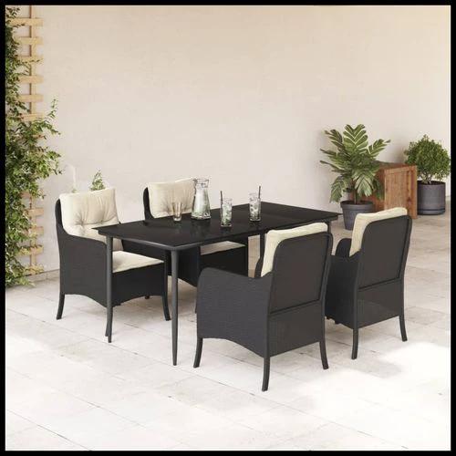 vidaXL vidaXL 5 Piece Garden Dining Set 160x80x74 cm Weather-Resistant Black Poly Rattan with Cushions for Outdoor Patio and Backyard - Garden Set