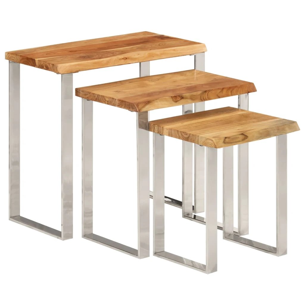 VidaXL Nesting Tables 3 Pieces Live Edge Acacia Wood Tops With U Shaped Stainless Steel Legs For Living Room Decor by vidaXL