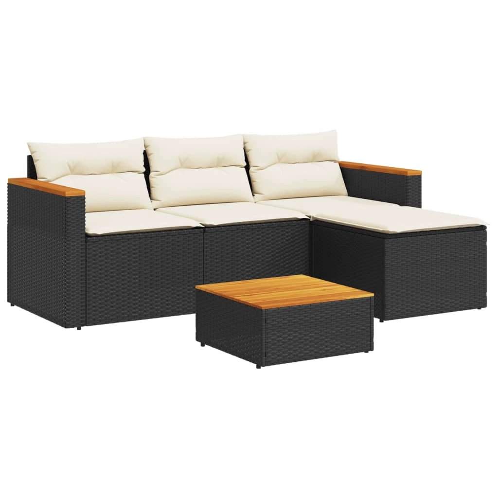 vidaXL vidaXL 5 Piece Garden Sofa Set with Cushions Black Poly Rattan Acacia - Garden Sofa Sets