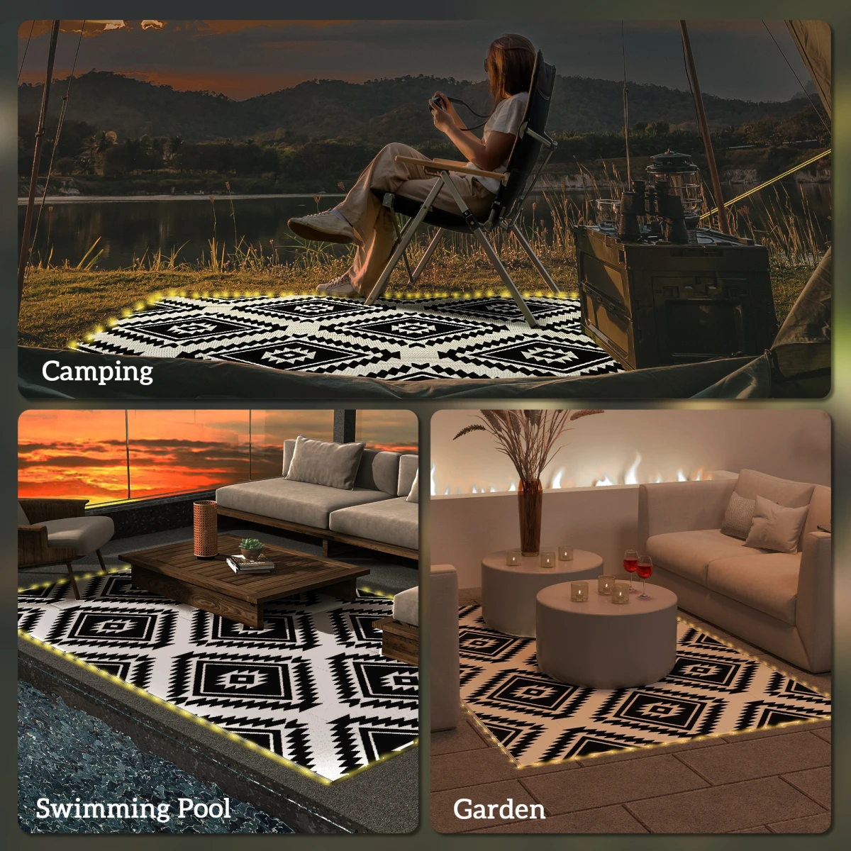 Outsunny Waterproof Outdoor Rug 182x274cm LED Lights Patio by Outsunny