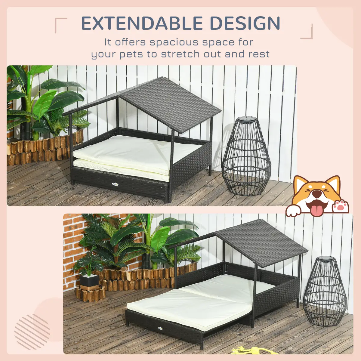 PawHut PawHut Extendable Rattan Dog House with Water-Resistant Roof, Cushion - Dog Kennel