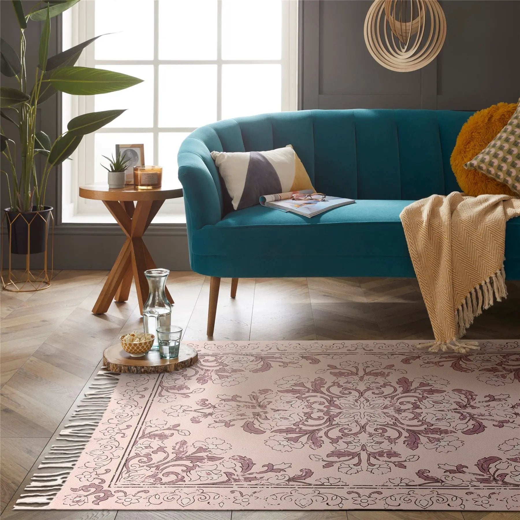 Esselle Home Kew Antique Printed 120x170cm Mauve Rug with Tassel - Rug