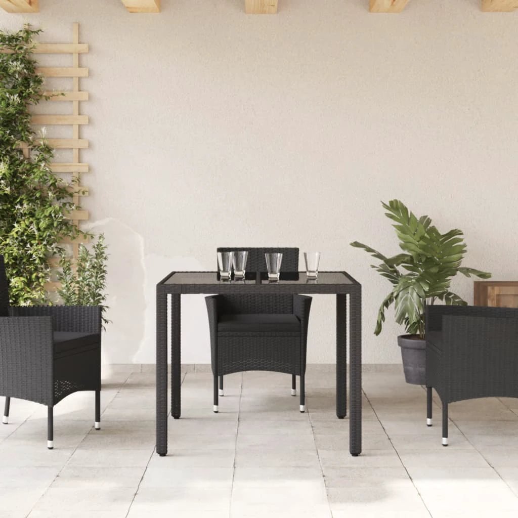 vidaXL Garden Table with Glass Top Black 90x90x75 cm Poly Rattan by vidaXL