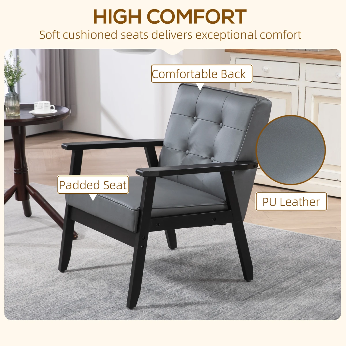 HOMCOM Accent Chair PU Leather Tufted Grey for Living Room - Accent Chair