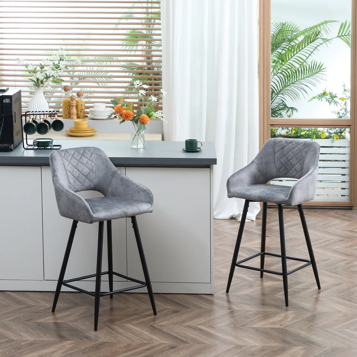 HOMCOM Bar Stools Set of 2, Velvet-Touch Fabric Counter Height Bar Chairs Pink by HOMCOM