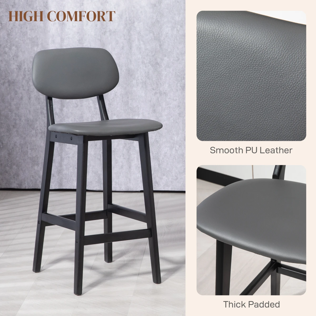HOMCOM HOMCOM Breakfast Bar stools Set of 2 with PU Leather Cover, Wood Legs, Brown -
