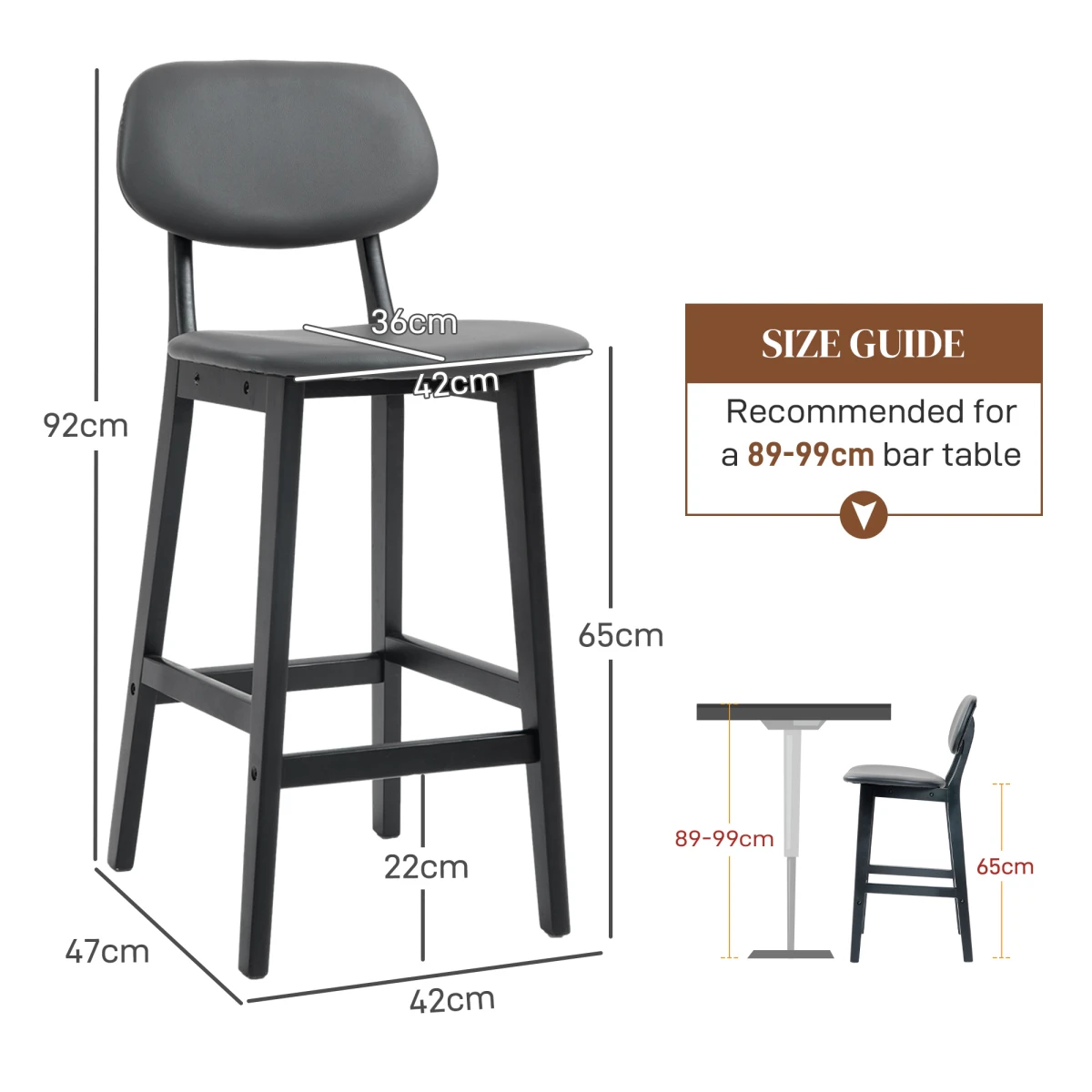 HOMCOM HOMCOM Breakfast Bar stools Set of 2 with PU Leather Cover, Wood Legs, Brown -
