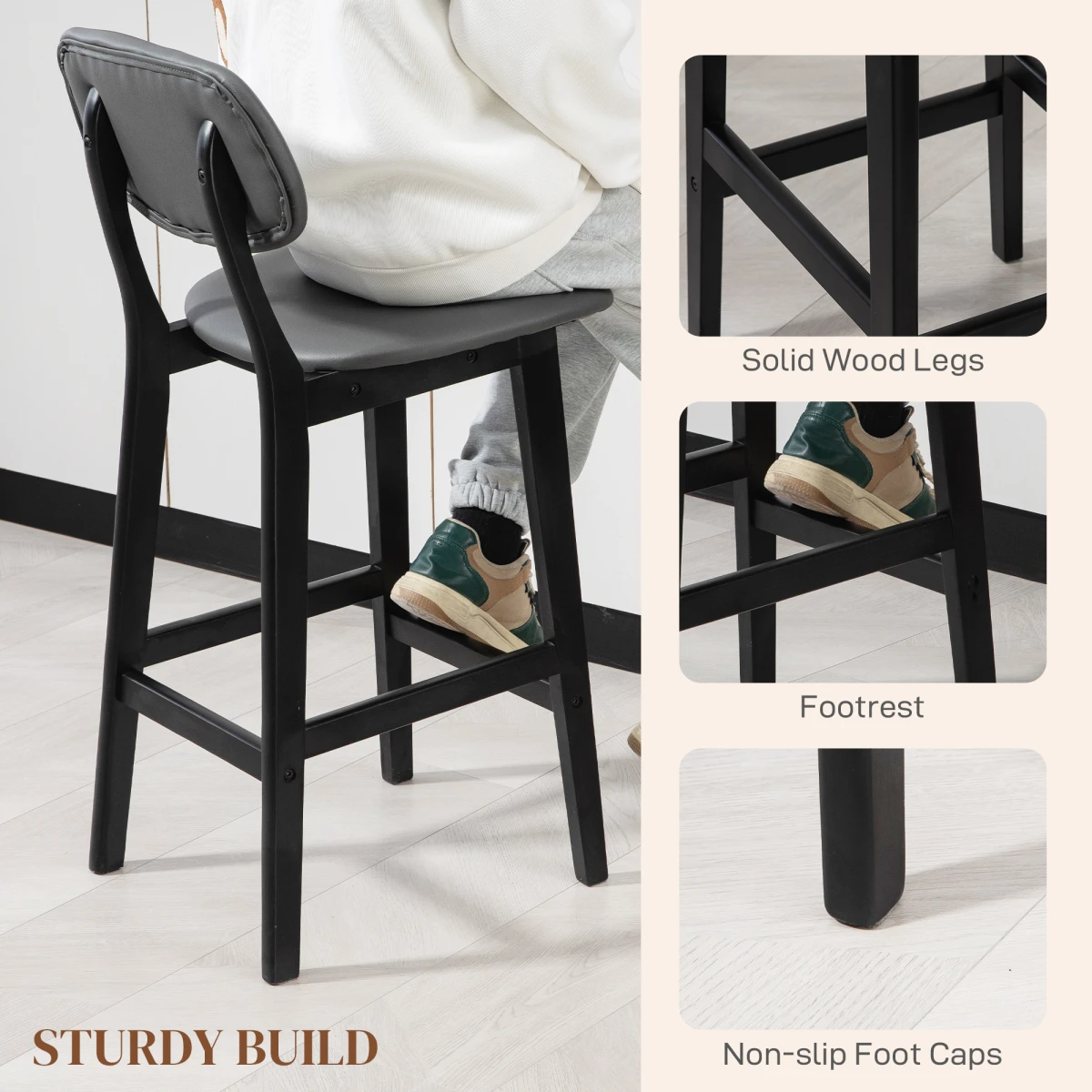 HOMCOM Breakfast Bar stools Set of 2 with PU Leather Cover, Wood Legs, Brown by HOMCOM