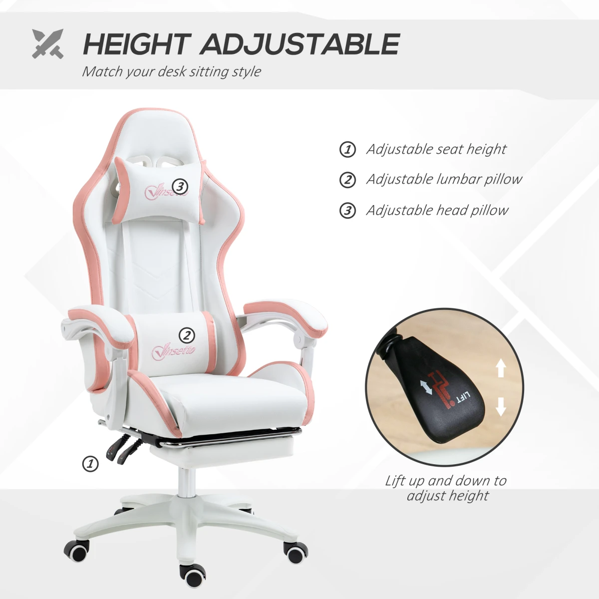 Vinsetto Vinsetto Racing Style Gaming Chair 45.5 to 53.5 cm Height Adjustment 135 Degree Recline Footrest for Gamers - Office Chair