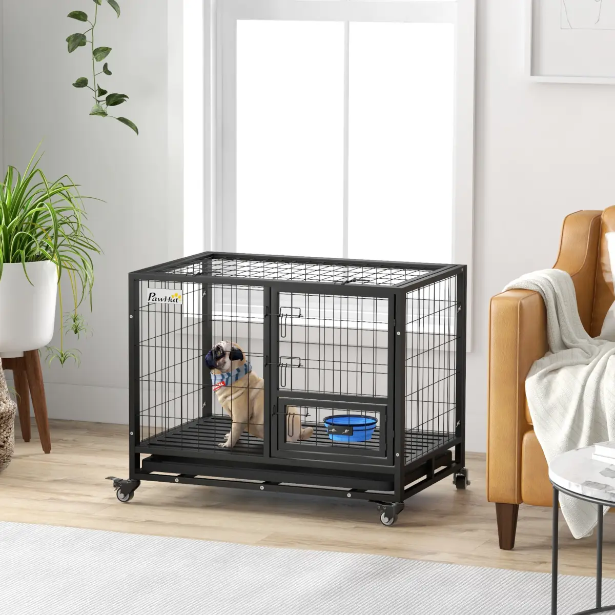 PawHut PawHut 43" Heavy Duty Dog Crate on Wheels w/ Bowl Holder, Removable Tray - Dog Crate