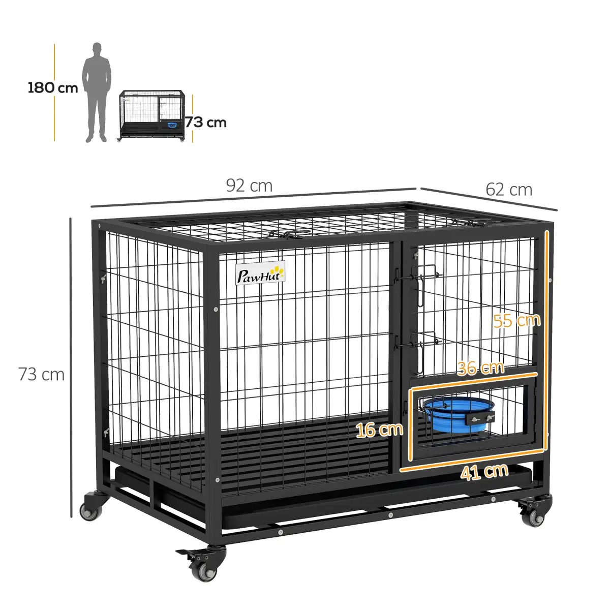 PawHut PawHut 43" Heavy Duty Dog Crate on Wheels w/ Bowl Holder, Removable Tray - Dog Crate