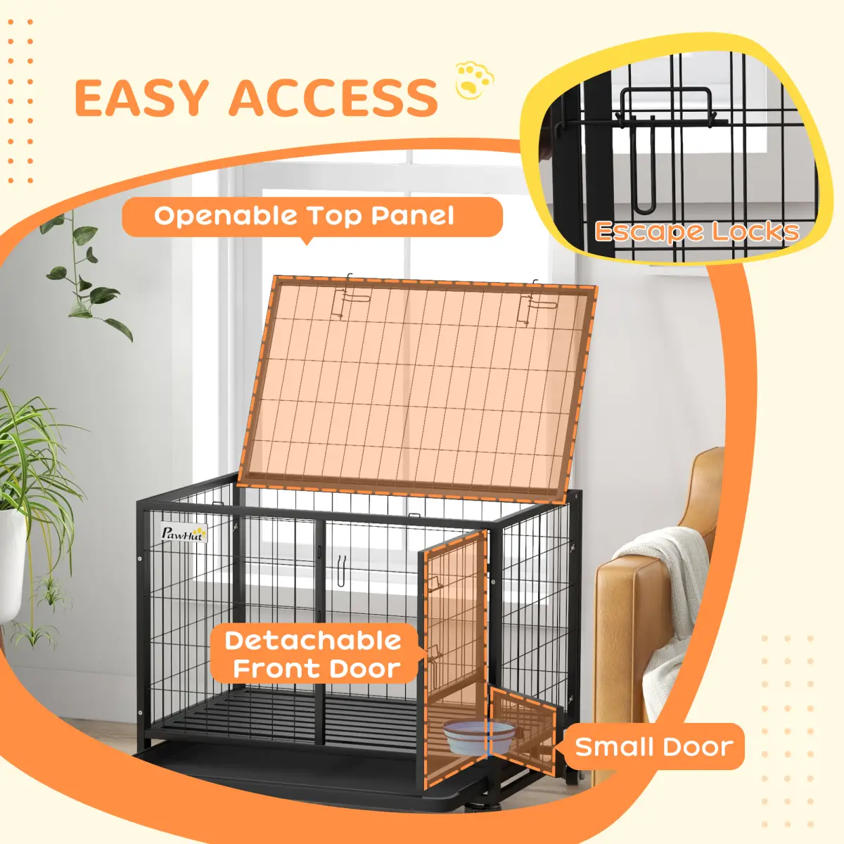 PawHut PawHut 43" Heavy Duty Dog Crate on Wheels w/ Bowl Holder, Removable Tray - Dog Crate