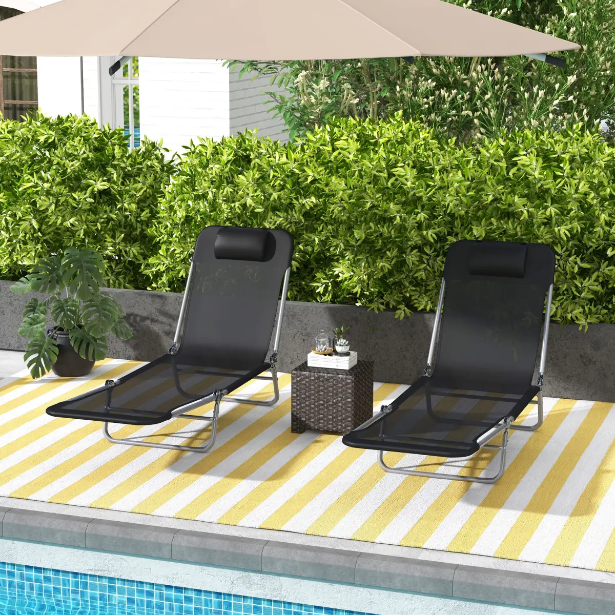 Outsunny Outsunny 2 Pieces Sun Loungers Foldable Reclining Chair with Headrest Black - Sun Lounger