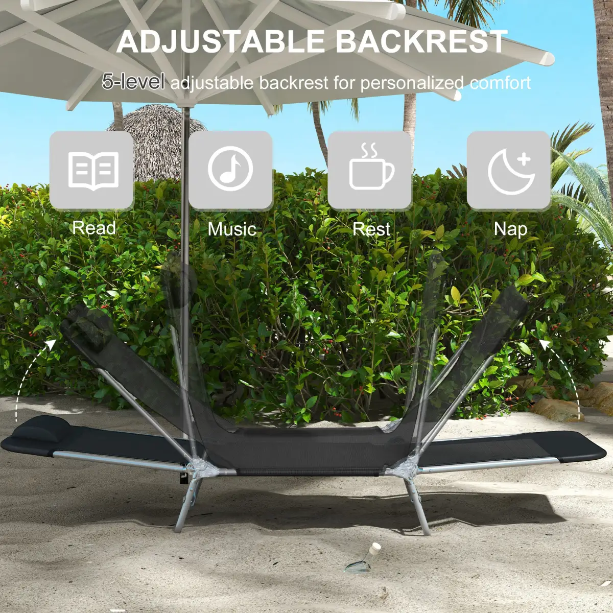 Outsunny Outsunny 2 Pieces Sun Loungers Foldable Reclining Chair with Headrest Black - Sun Lounger