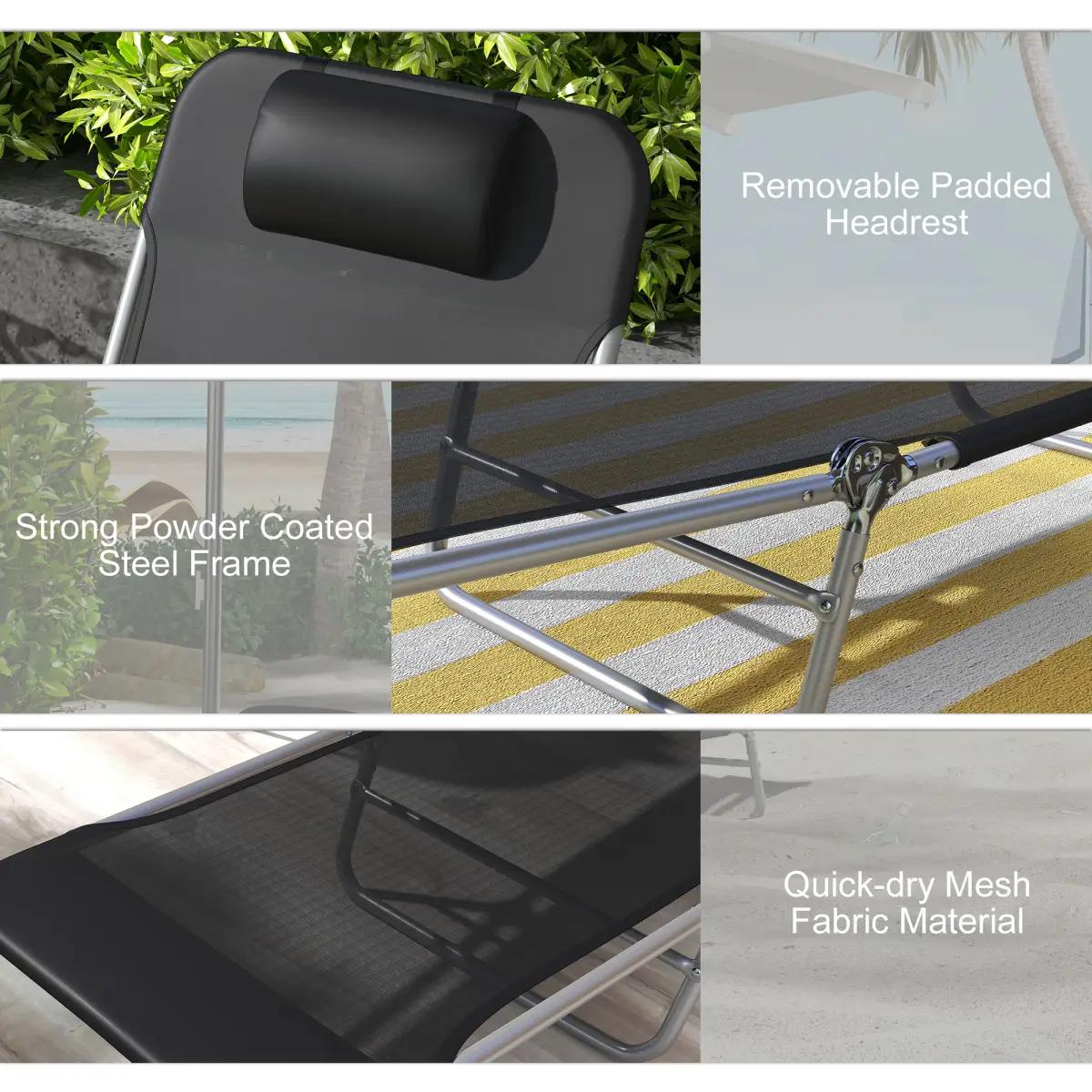 Outsunny Outsunny 2 Pieces Sun Loungers Foldable Reclining Chair with Headrest Black - Sun Lounger