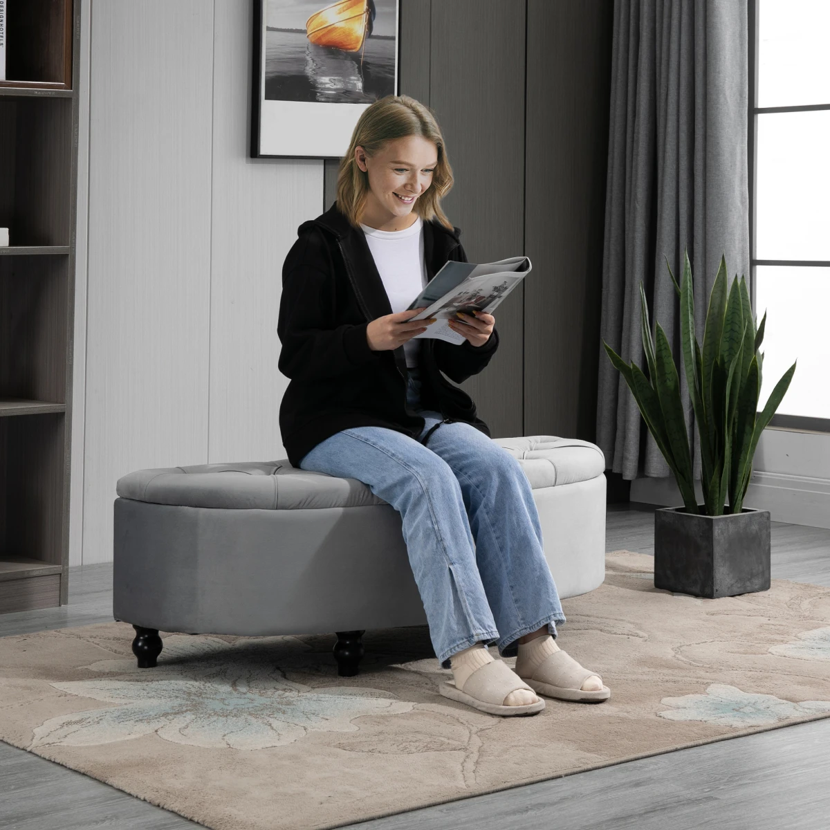HOMCOM Tufted Ottoman 36in Velvet Living Room by HOMCOM