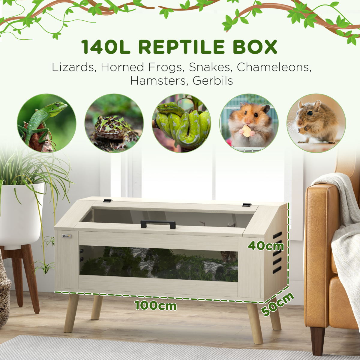PawHut Reptile Terrarium, 111L Snake Vivarium with Tempered Glass Windows - from PawHut
