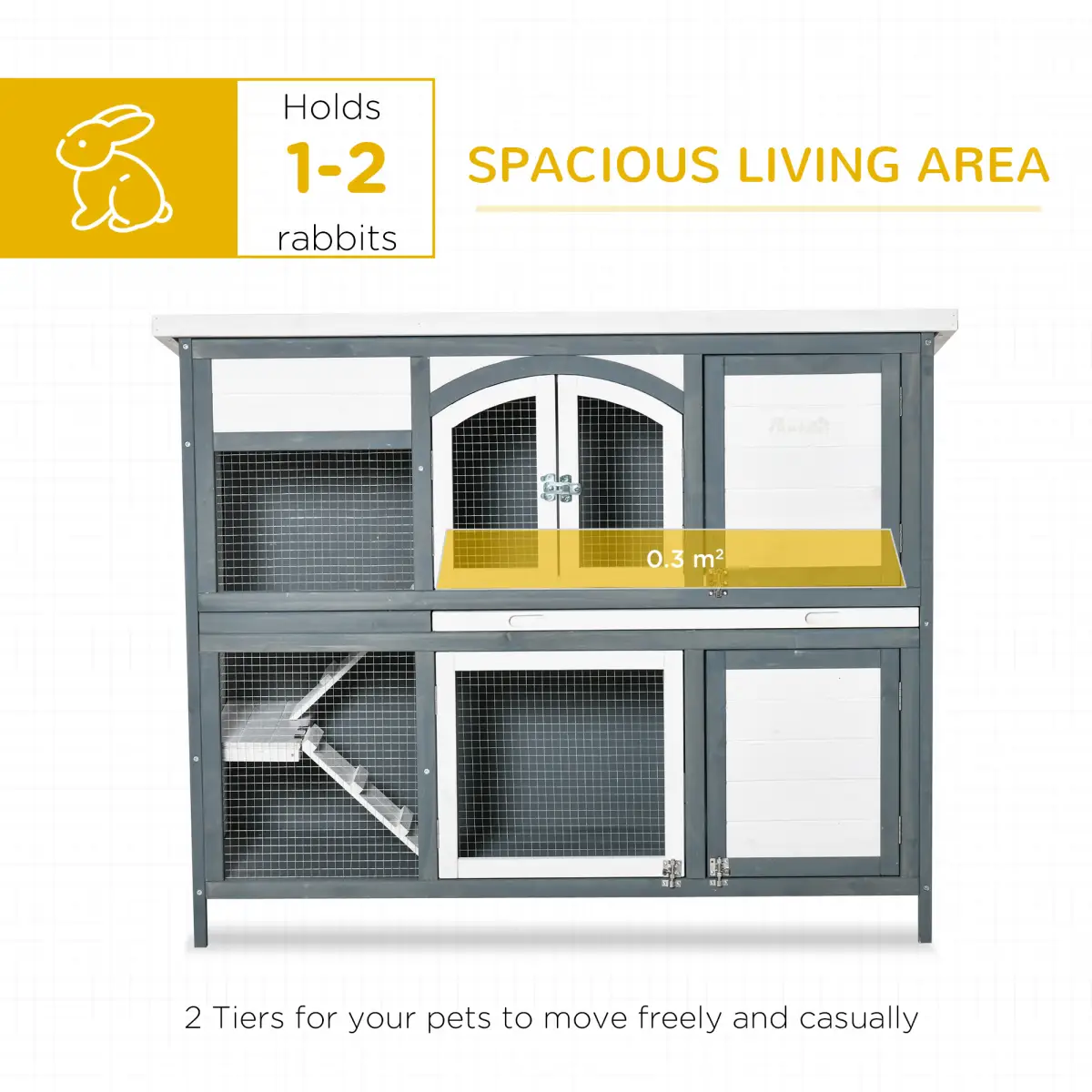 PawHut PawHut Two-Tier Wooden Rabbit Hutch w/ Openable Roof, Slide-Out Tray, Ramp - Rabbit Hutch
