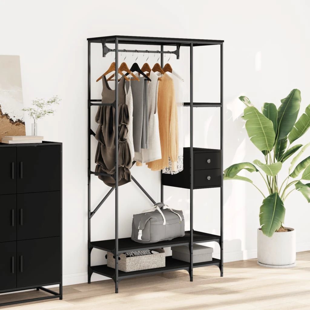 vidaXL VidaXL Clothes Rack With Shelves Tall Black Engineered Wood Moisture Resistant Storage Organizer For Home - Wardrobe